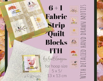 5 x 5 ITH Strip Quilt Blocks with hand drawn motifs to make on your embroidery machine - 6 Blocks with motifs + 1 blank - easy and fun