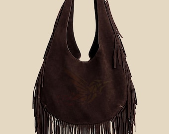 Handmade Suede Fringe Bag – Dark Brown Boho Hobo Shoulder Purse | Western Style Leather Handbag – Moroccan Leather Shoulder Bag Boho Bag