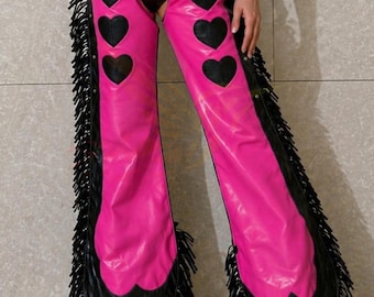Custom Pink Cowgirl Outfit Chaps Women | Western Rodeo Fringe Leather Pants | Festival Cowgirl Look | Nashville Outfit | Fringe Riding Gear