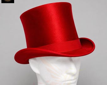 Red Silk Top Hat | Victorian Top Hat | Tall Crown Top Hat | Formal Top Hat | Gentleman Top Hat | Gothic Wedding Hat, Magician Costume Hat