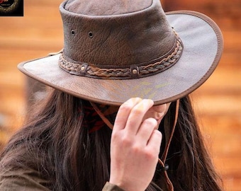 Handmade Genuine Leather Cowboy Hat, Distressed Outback Sun Protection, Western Style