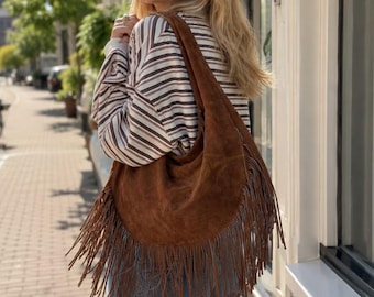 Suede Fringe Bag Women, Dark Brown Boho Hobo Shoulder Purse, Handmade Western Leather Handbag, Festival Crossbody Fringe Bag, Boho Bag