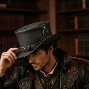 May include: A black leather top hat featuring a wide brim, a structured crown, and a decorative band with a metal buckle and side ring hardware. The hat is worn with a dark leather jacket and a textured vest, creating a layered appearance.