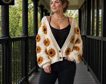 Handmade Crochet Sunflower Cardigan Boho Floral Sweater, Eco-Friendly Cotton, Cozy Spring Festival Fashion Chunky Knit Sunflower Cardigan