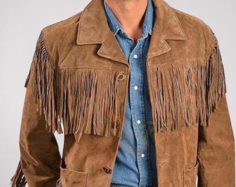 Men's 1970s Vintage Tan Suede Fringe Leather, Western Suede Jacket, Handmade Cowboy Rodeo Style, Boho Cowboy Suede Coat, Suede Buckskin coat