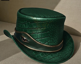 Steampunk Croc Embossed Leather Top Hat – Gothic Victorian Hat for Men Women, Halloween El Dorado Hat With Golden Eye Band Bikers Hat
