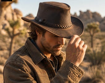 Distressed Leather Bush Hat, Handmade Australian Outback Cowboy Hat, Brown Leather Hat with Braided Band, Men’s Wide Brim Hat