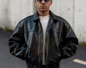 Handmade Vintage Black Leather Bomber Jacket for Mens 90s Retro