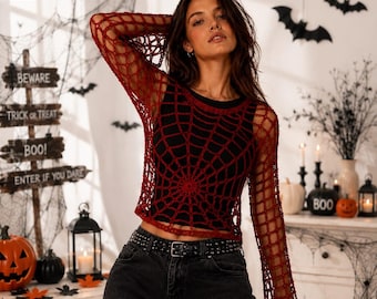 Crochet Spiderweb Crop Top, Halloween Crochet Spider Top Spider Web Knitted Crop Top Grunge Fairycore Mesh Top Handmade Cotton Halloween Top