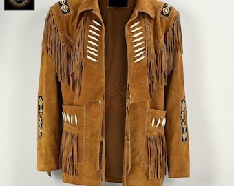 Men’s Tan Brown Suede Leather Western Jacket with Fringe & Beads – Handmade Cowboy Native American Vintage Style Coat, Boho Ranch Wear