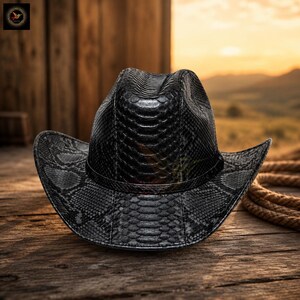 Black Snakeskin Cowboy Hat | Python Leather Western Hat | Exotic Skin Cowgirl Hat | Festival Hat | Burning Man | Country Music Hat | Unisex