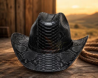 Black Snakeskin Cowboy Hat | Python Leather Western Hat | Exotic Skin Cowgirl Hat | Festival Hat | Burning Man | Country Music Hat | Unisex