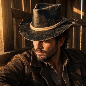 May include: A distressed black cowboy hat featuring a braided tan rope hatband tied in a knot at the side. The hat has a structured crown and a wide brim, showcasing a weathered texture throughout the dark material, providing a rugged appearance.