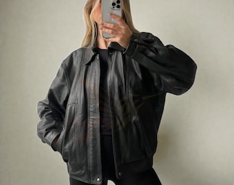 1990s Oversized Retro Real Black Leather Jacket, Vintage Bomber Boxy Fit Coat, Distressed Biker Jacket Gifts, Retro Streetwear Jacket