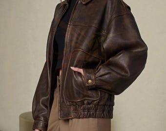 Women's Handmade 1980s Oversized Distressed Vintage Retro Real Brown Leather Jacket, Bomber Vintage Boxy Fit Coat, Streetwear Outerwear Coat