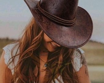 Brown Leather Cowboy Hat Women, Western Wide Brim Hat, Boho Cowgirl Hat, Rope Band Outback Hat, Festival Vintage Hat, Black or Brown