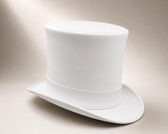 Luxury White Top Hat, Genuine Leather Artisan Hat, Modern Vintage Style Headwear, Gothic Wedding Hat, Handmade Formal Costume Accessory