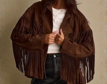 1970s Vintage Brown Western Bohemian Fringe Suede Leather Jacket Handmade Retro Cowboy Western Style, Gift for her