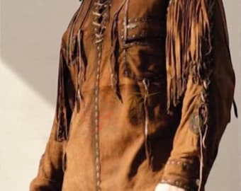 Men’s Native American Cowboy Buckskin Leather Shirt Fringes - Western Wear Suede Leather Jacket, Traditional Vintage Buckskin Shirt