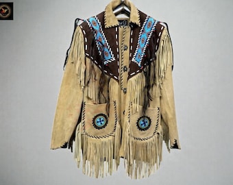 Men’s Handmade Suede Leather Cowboy Jacket with Fringe & Beads | Western Fringe Beaded Coat | Western Native American Style Coat