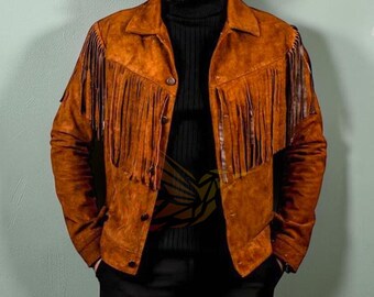 Men's Western Fringe Suede Leather Jacket – Vintage Real Brown Leather Coat Handmade Cowhide Jacket – 90s Retro Suede Fringe Western Jacket