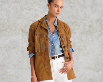 90s Vintage Suede Fringe Western Jacket – Retro Handmade Real Brown Leather Coat, Boho Western Style, Festival Outfit, Rodeo Outerwear