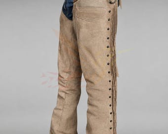 Handmade Suede Leather Cowboy Chaps Western Horse Riding Apparel Brown Suede Leather Western Chaps 6-Inch Fringes Rodeo Leather Pant Chaps