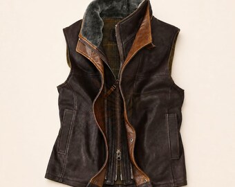 Men's Dark Brown Shearling Genuine Leather Vest Vintage Western Cowboy Style, Real Leather Winter Outerwear with Fur Collar, Handmade Vest