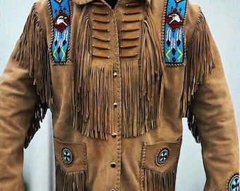 Men's Suede Fringe Western Jacket, Native American Eagle, Men's Handmade Leather Cowboy Jacket Braided Fringe Western Coat, Fringed Coat
