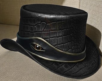 Handmade Black Croc-Style Leather Top Hat Steampunk Victorian Hat for Men & Women Gothic Victorian Hat, Halloween Cosplay Festival Costume