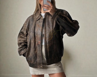 Vintage 1980s Oversized Halloween Distressed Brown Leather Jacket Biker Jacket for Women, Vintage Boxy Fit, Sheep Leather Coat, Retro Coat