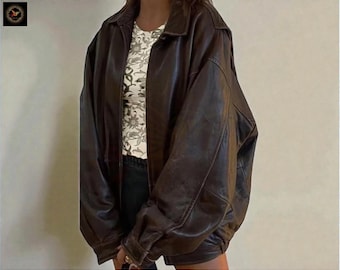 Handmade 90s Vintage Brown Sheepskin Leather Bomber Jacket, Women Oversized Bomber Coat, Genuine Leather Biker Jacket, Retro Winter Outfit