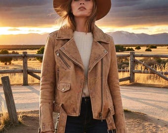 Handmade Women’s Distressed Suede Leather Jacket - Classic Western Style Leather Coat - Western Cowgirl Biker Coat, Vintage Sheepskin Jacket