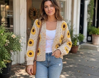 Handmade Crochet Sunflower Cardigan - Boho Floral Sweater, Eco-Friendly Cotton, Cozy Spring Festival Fashion Handmade Floral Knit Jacket