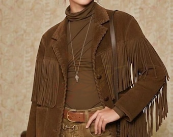 Brown Suede Fringe Jacket: Southwestern Buckskin Western Tassel Coat