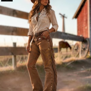 Puede incluir: Un sombrero de vaquero marrón, una camisa de manga larga color crema con botones y unos zahones de cuero marrón con largos flecos en los laterales, tachuelas de metal plateado y un cinturón de cuero ancho con hebilla plateada.