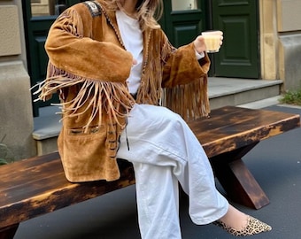 1970s Vintage Brown Western Bohemian Fringe Suede Leather Oversized Jacket for Women Fringed Suede Coat, Retro Suede Jacket Boho Chic