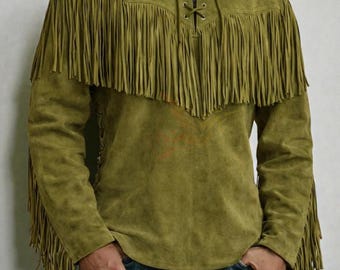 Cowboy Suede Jacket | Western Fringe Leather Coat Men Native Style Buckskin | Men's Olive Green Genuine Suede Jacket - Handmade Western Coat