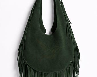 Handmade Suede Fringe Bag Women, Boho Hobo Shoulder Purse, Handmade Western Leather Handbag, Festival Crossbody Fringe Bag