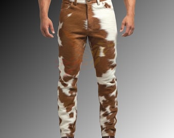 Cowhide Pants Men's Real Hair Cow Print Furry Western Trousers | Handmade Genuine Hair-On Hide Leather Pants | Western Cowboy Rodeo Outfit