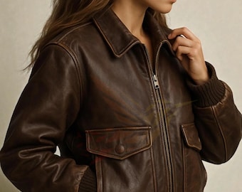 Women’s Handmade Leather Bomber Jacket – Vintage Aviator Style in Full-Grain Top-Grain & Genuine Leather Cotton Lined XXS–6XL Vintage Jacket