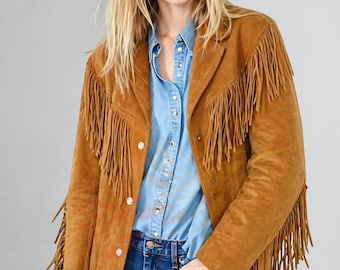 Women 90s Vintage Suede Fringe Western Jacket Retro Handmade Real Brown Leather Jacket Coat Women's Suede Western Wear Fringed Vintage Coat.