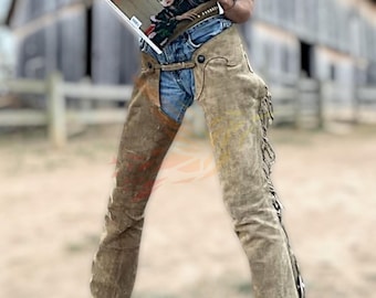 Hand Made Women's 100 % Real Suede Leather Western Style Buckskin Leather Chap Fringes Rodeo Leather Pant Chaps Women Equestrian Gifts