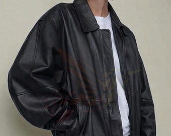 Women’s Vintage 90s Oversized Bomber Real Lambskin Jacket, Real Black Leather Jacket, Distressed Vintage Leather Jacket, Retro Boxy Fit