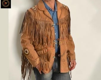 Men’s Cowboy Suede Leather Jacket with Fringe | Boho Biker Coat | Handmade Embroidered Ranch Jacket | Western Vintage Leather Jacket