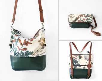 Convertible backpack into purse, leather backpack ,  Genuine leather floral bag, floral bag, botanical purse