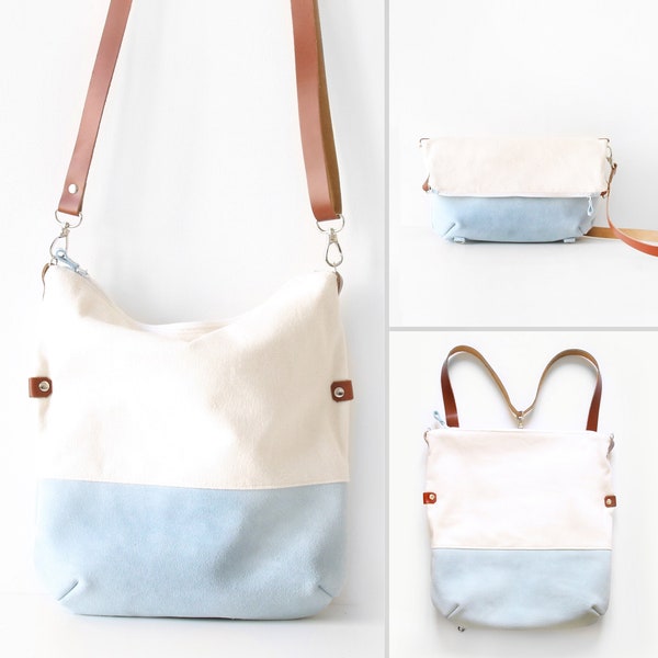 Sac- Sac à dos (cuir+tissu) transformable en sac cabas, bandoulière et sac plié. Sac couleur pastel, sac à main d'été en daim