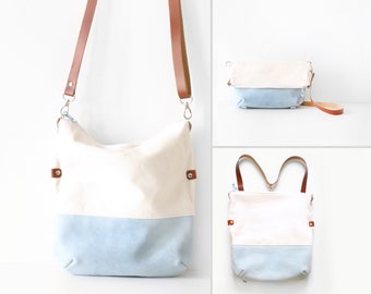 Sac- Sac à dos (cuir+tissu) transformable en sac cabas, bandoulière et sac plié. Sac couleur pastel, sac à main d'été en daim