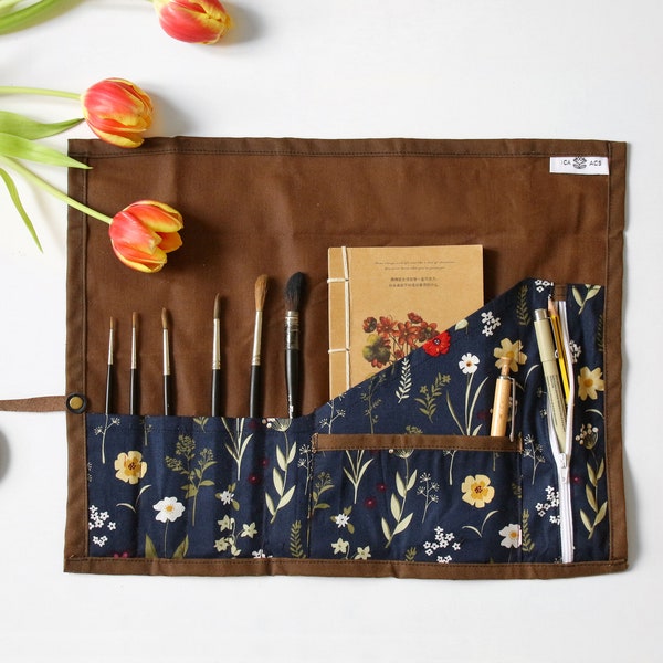 Pochette rangement, Trousse artiste, Trousse peinture pinceaux dessin Paintbrush Roll up artist case organizer palm spring leaves