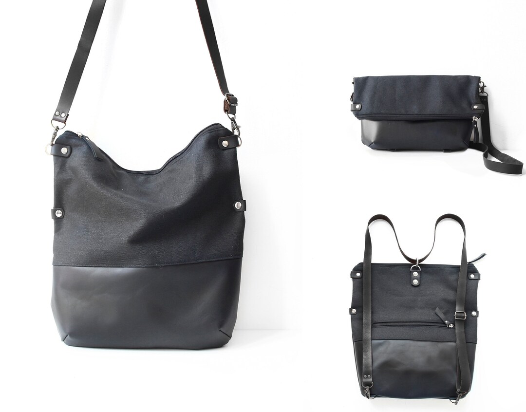 Convertible Backpack, Fold Over Cross Body Bag and Tote Bag, Urban Backpack, Laptop Bag, Black